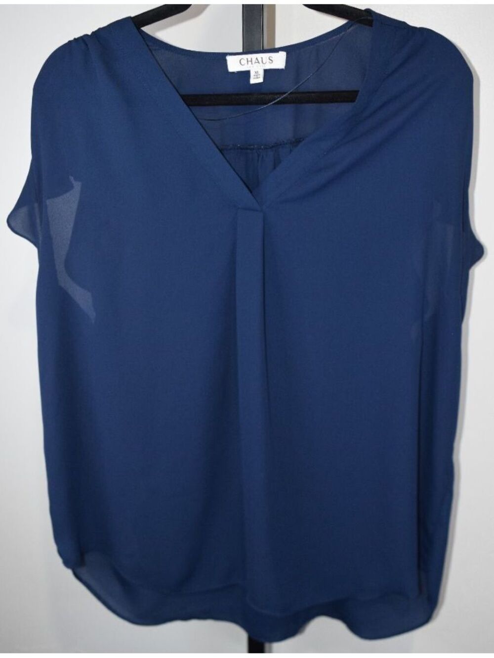 Chaus New York Navy Sheer Chiffon V Neck Blouse Womens XL Cap Sleeve